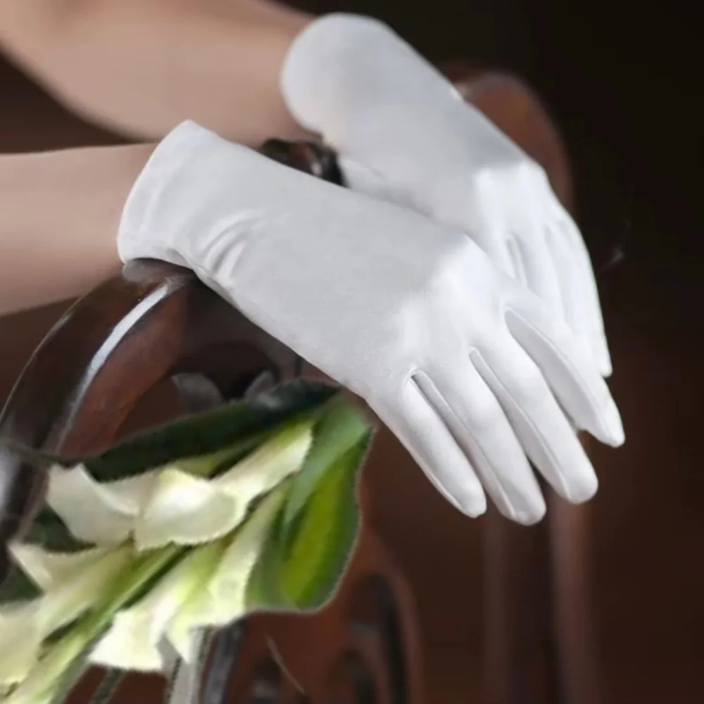 Premium Quality White Satin Short Gloves Wrist Length Wedding Gloves for Bride